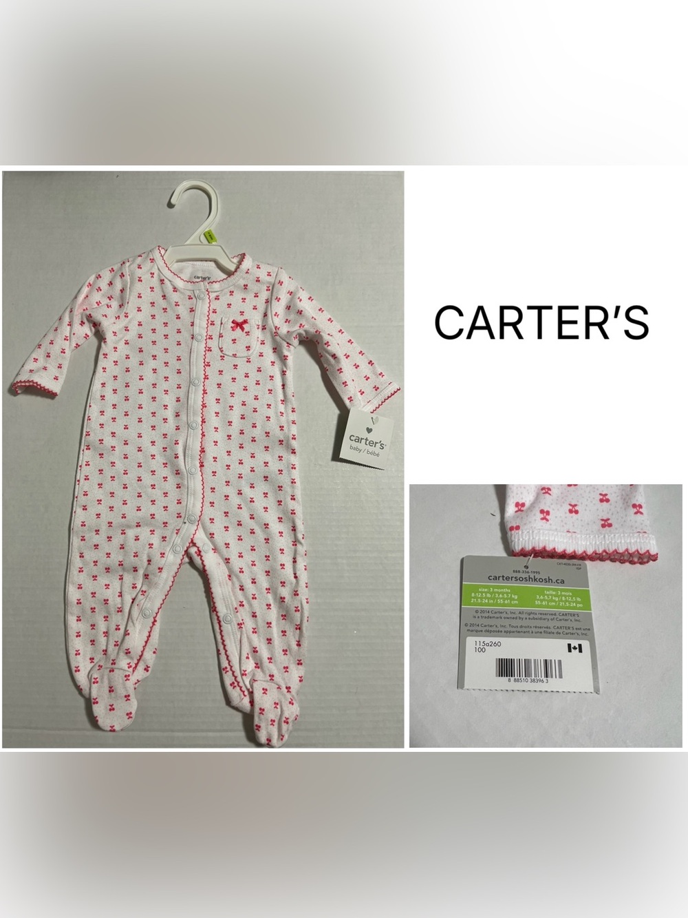 CARTER’S - 3M - NWT - INFANT GIRLS PINK CHERRY SLEEPER